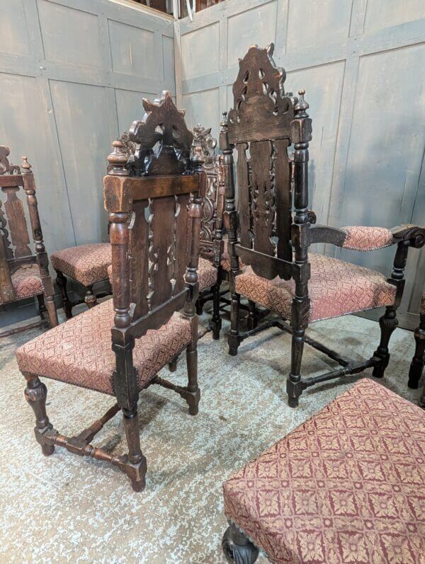 Very Large Antique Set of Carved Oak Carolean Style Dining Chairs