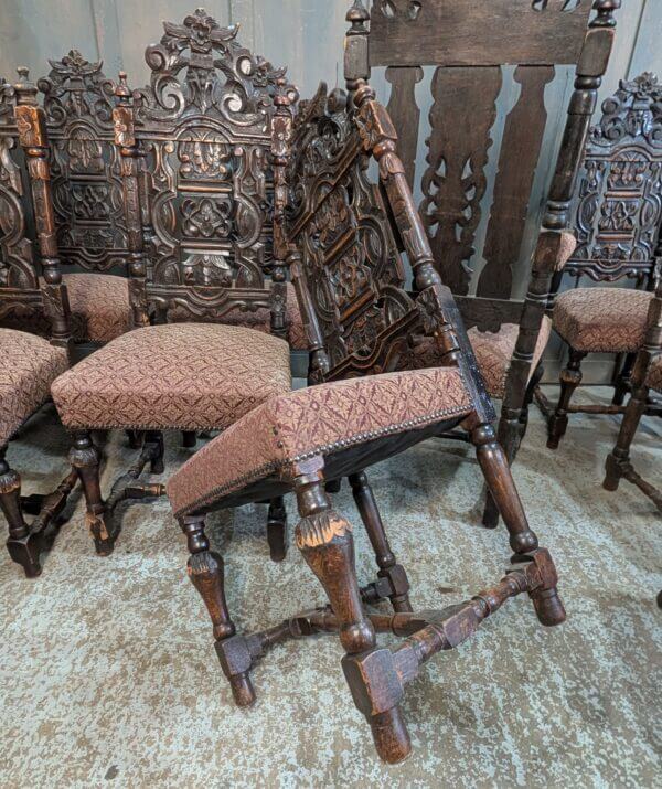 Very Large Antique Set of Carved Oak Carolean Style Dining Chairs