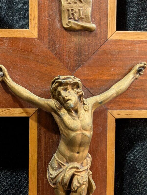 Inlaid Teak & Gold Coloured Metal Crucifix