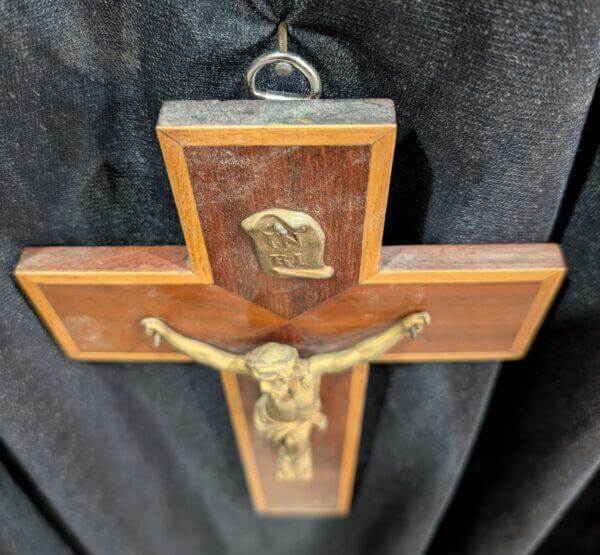 Inlaid Teak & Gold Coloured Metal Crucifix