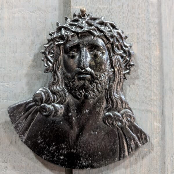 Painted Lead Spanish Coffin Plaque depicting the Head of Christ