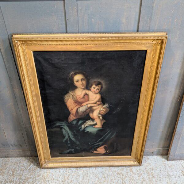 Large Antique Oil on Canvas The Madonna & Child after Bartolome Esteban Murillo