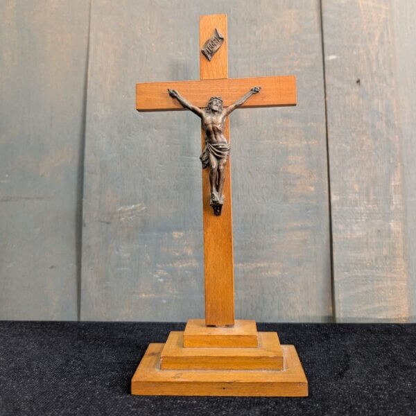 Pale Hardwood Vintage Table Crucifix with Deep Bronze Coloured Corpus