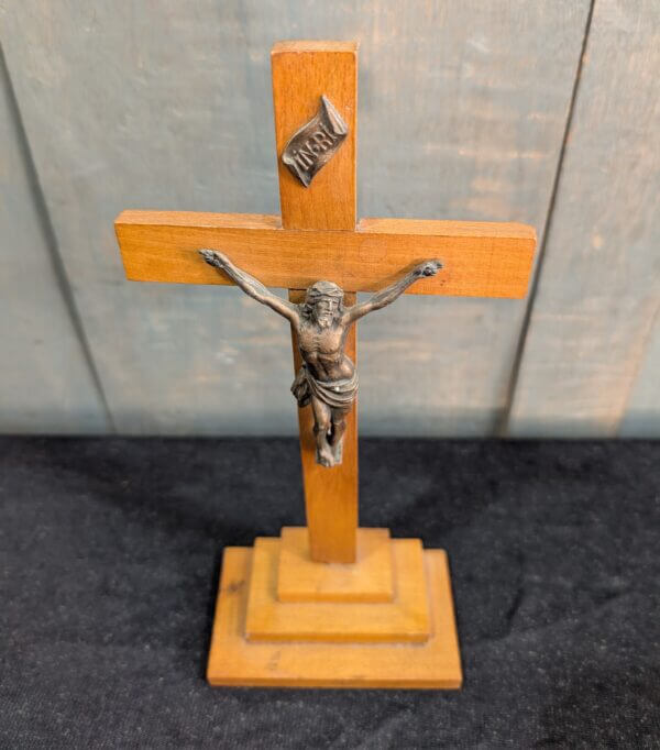 Pale Hardwood Vintage Table Crucifix with Deep Bronze Coloured Corpus