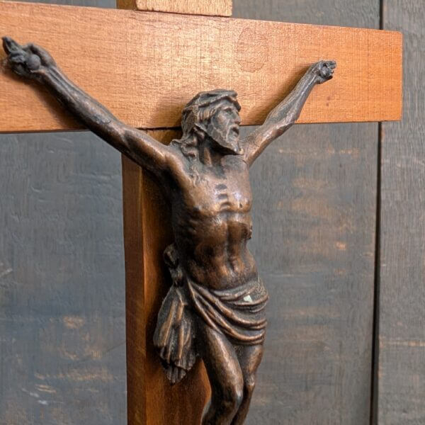 Pale Hardwood Vintage Table Crucifix with Deep Bronze Coloured Corpus