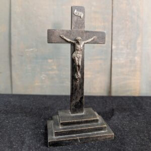 Small Austere Black Vintage Spanish Table Crucifix with Lead Coloured Figure