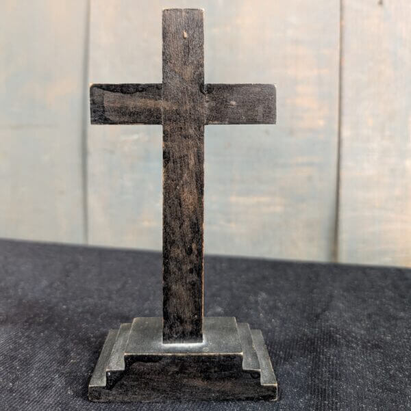 Small Austere Black Vintage Spanish Table Crucifix with Lead Coloured Figure