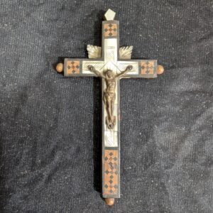 Holy Land Small Antique Souvenir Crucifix Inlaid Olive Wood and Mother of Pearl