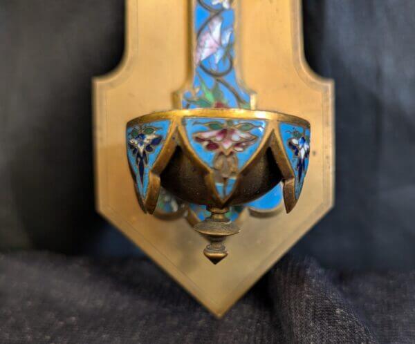 1920's Vintage French Wall Mounted Enamel Cloisonne & Brass Holy Water Font Stoop