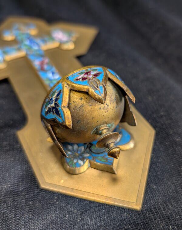 1920's Vintage French Wall Mounted Enamel Cloisonne & Brass Holy Water Font Stoop