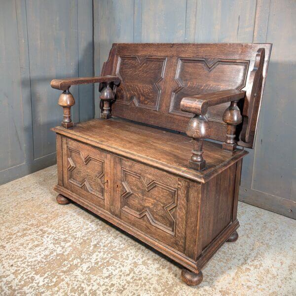Heavy 'Multum in Parvo' Edwardian Oak Monks Bench of Charles II Design