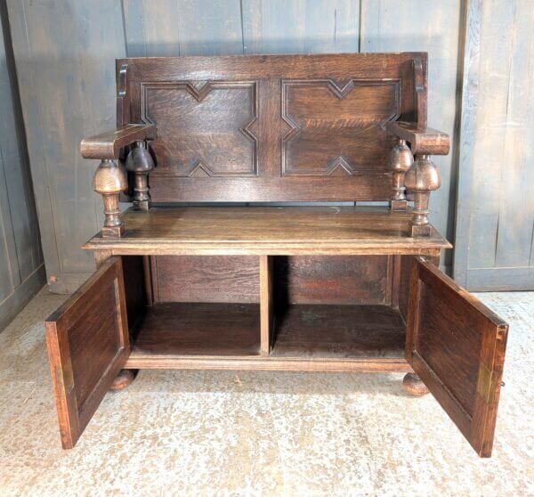 Heavy 'Multum in Parvo' Edwardian Oak Monks Bench of Charles II Design