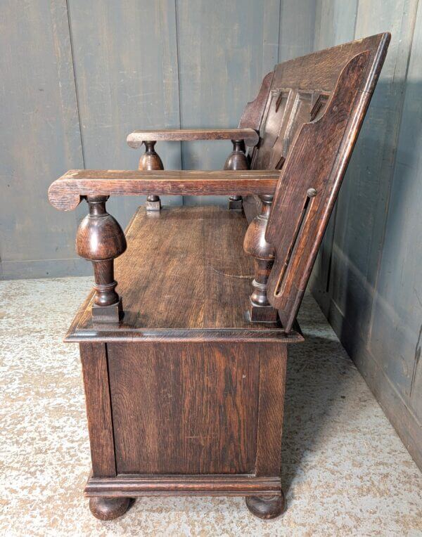 Heavy 'Multum in Parvo' Edwardian Oak Monks Bench of Charles II Design
