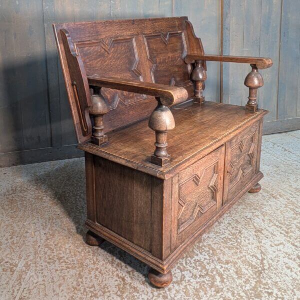 Heavy 'Multum in Parvo' Edwardian Oak Monks Bench of Charles II Design