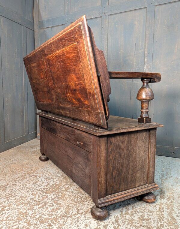 Heavy 'Multum in Parvo' Edwardian Oak Monks Bench of Charles II Design