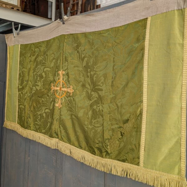 Antique Green Damask Silk Altar Cloth with Gold Cross - PROJECT -