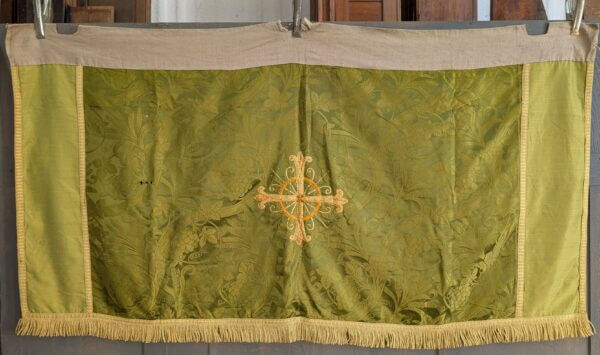Antique Green Damask Silk Altar Cloth with Gold Cross - PROJECT -