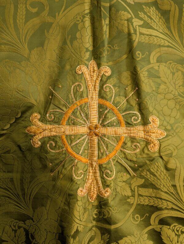 Antique Green Damask Silk Altar Cloth with Gold Cross - PROJECT -