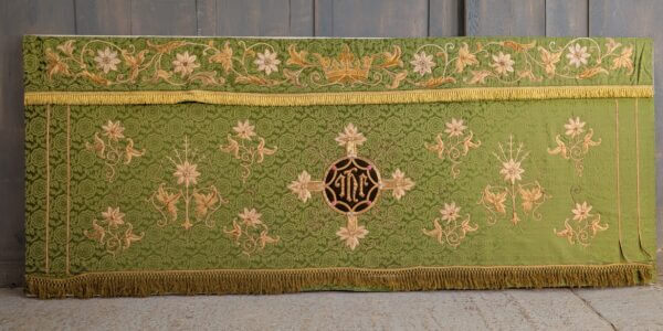 Very Ornate Antique Green & Gold Embroidered Altar Cloth & Superfrontal