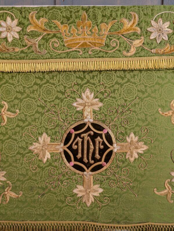 Very Ornate Antique Green & Gold Embroidered Altar Cloth & Superfrontal