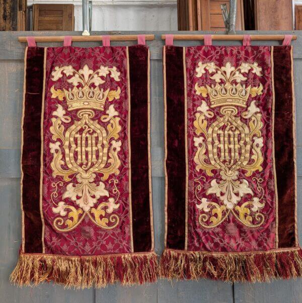 Exciting High Church 1980's Antique Embroidered Gold & Red Damask Banner Hangings
