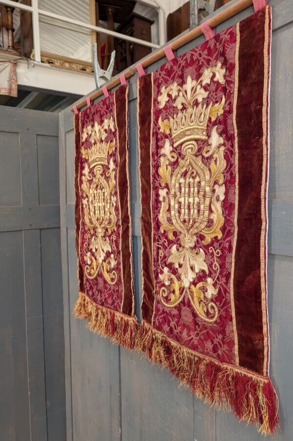 Exciting High Church 1980's Antique Embroidered Gold & Red Damask Banner Hangings