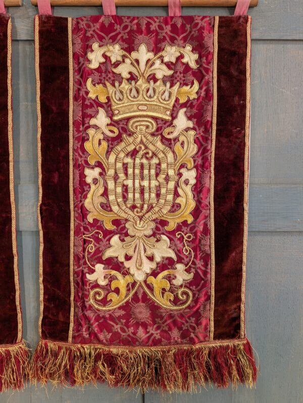 Exciting High Church 1980's Antique Embroidered Gold & Red Damask Banner Hangings