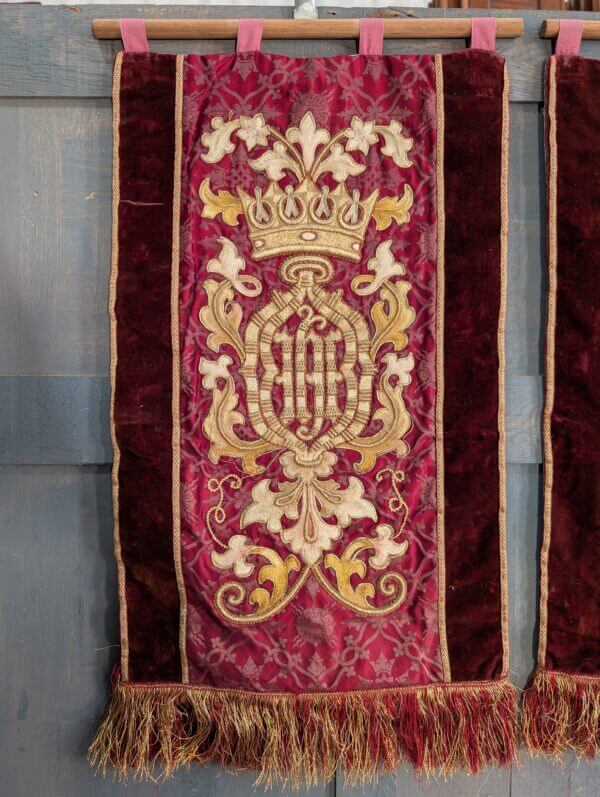 Exciting High Church 1980's Antique Embroidered Gold & Red Damask Banner Hangings
