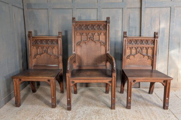 Set of Three Large Carved Antique Oak Gothic Clergy Chairs from St Andrew's Liverpool
