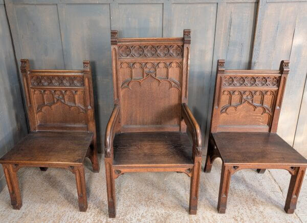 Set of Three Large Carved Antique Oak Gothic Clergy Chairs from St Andrew's Liverpool