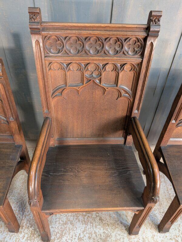 Set of Three Large Carved Antique Oak Gothic Clergy Chairs from St Andrew's Liverpool