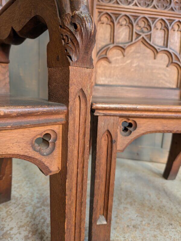 Set of Three Large Carved Antique Oak Gothic Clergy Chairs from St Andrew's Liverpool