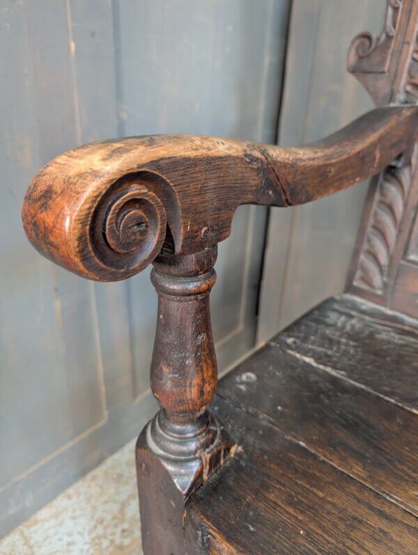 18th Century Carved Oak & Elm Settle with Triple Panel Back