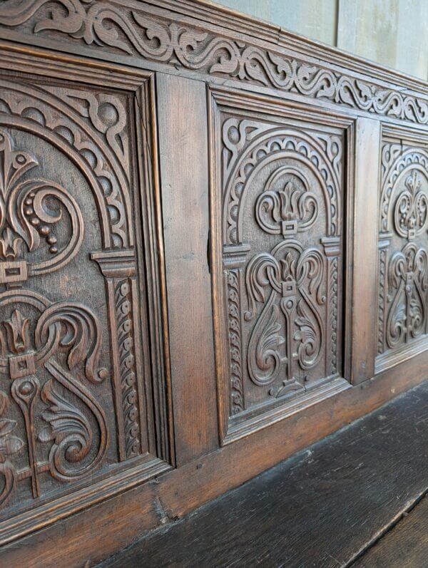 18th Century Carved Oak & Elm Settle with Triple Panel Back