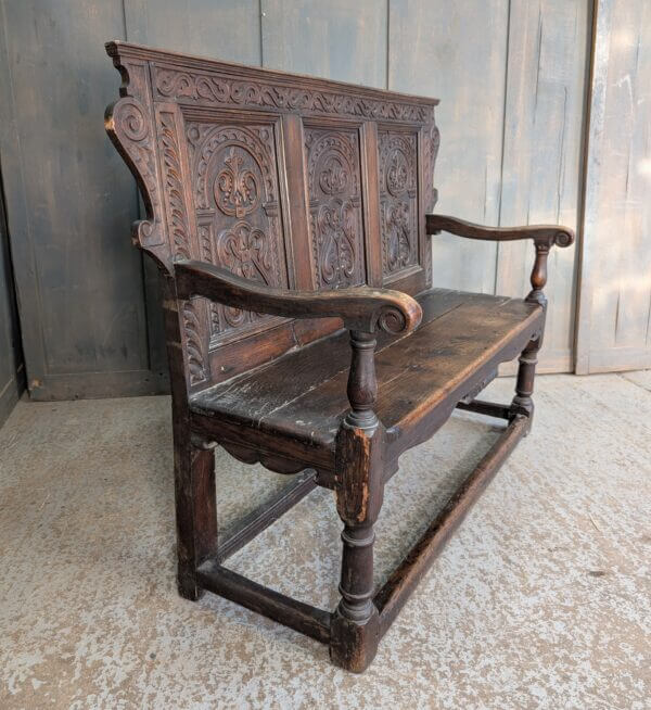 18th Century Carved Oak & Elm Settle with Triple Panel Back