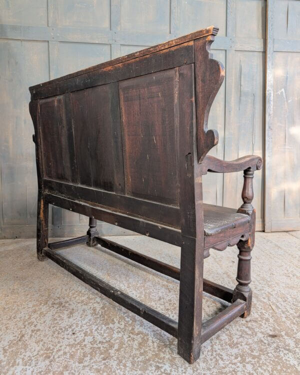 18th Century Carved Oak & Elm Settle with Triple Panel Back