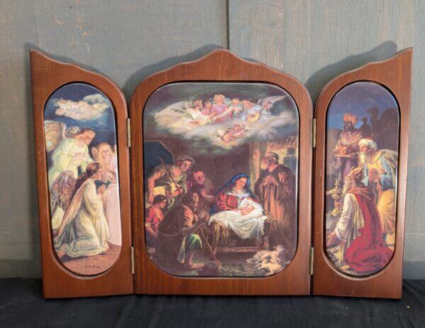 Unusual German'Peoples Art' Porcelain & Wood Triptych of The Wonder of Christmas by LM Roth