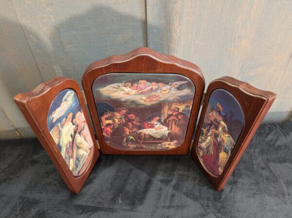 Unusual German'Peoples Art' Porcelain & Wood Triptych of The Wonder of Christmas by LM Roth