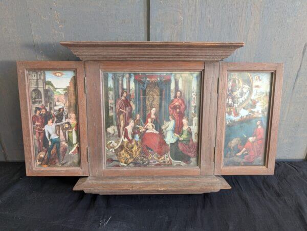Small 1910's Oak Framed Triptych of Hans Memling's St John's Altar Piece