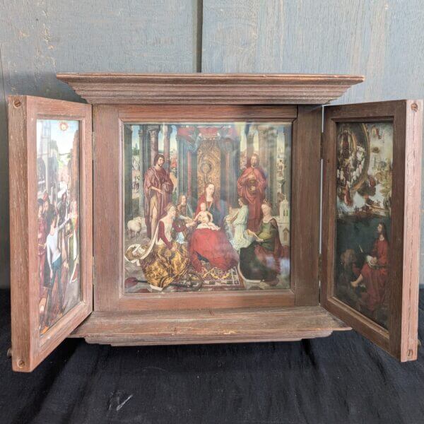 Small 1910's Oak Framed Triptych of Hans Memling's St John's Altar Piece