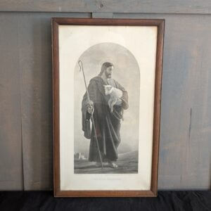 Victorian Oak Framed Black & White Lithograph of The Good Shepherd by William Dobson 1868