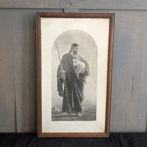 Victorian Oak Framed Black & White Lithograph of The Good Shepherd by William Dobson 1868