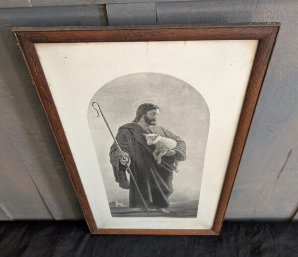 Victorian Oak Framed Black & White Lithograph of The Good Shepherd by William Dobson 1868