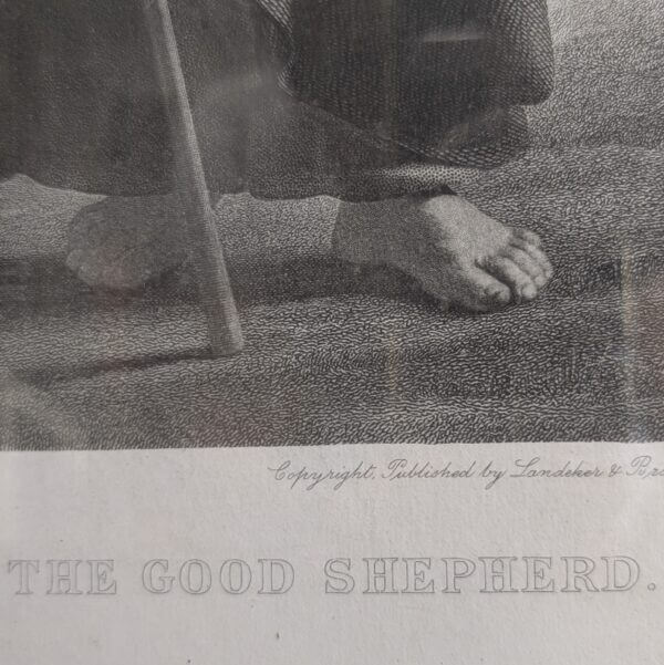 Victorian Oak Framed Black & White Lithograph of The Good Shepherd by William Dobson 1868