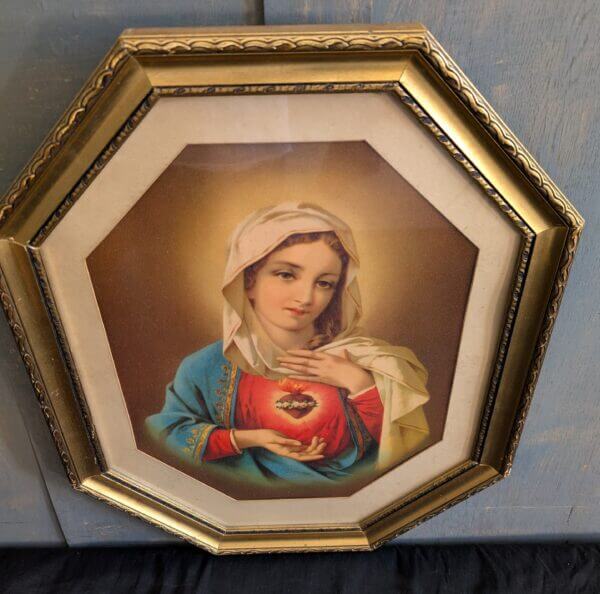 Italian Octagonal Gold Framed Colour Print of the Immaculate Heart of Mary