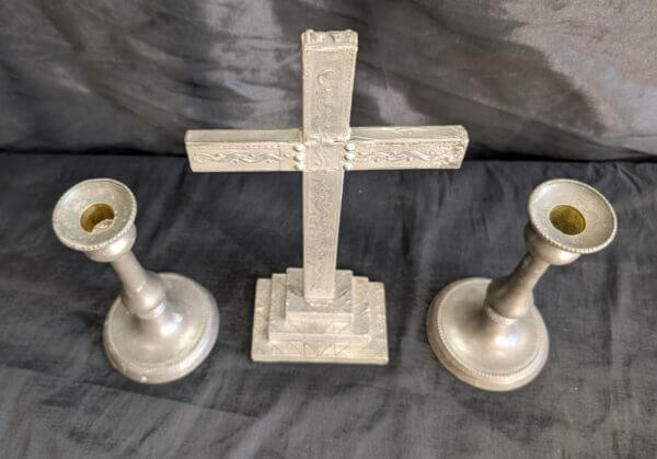 Pewter Coloured Metal Small Altar Crucifix Candlestick Set