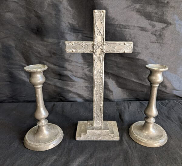 Pewter Coloured Metal Small Altar Crucifix Candlestick Set