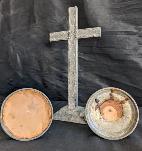Pewter Coloured Metal Small Altar Crucifix Candlestick Set