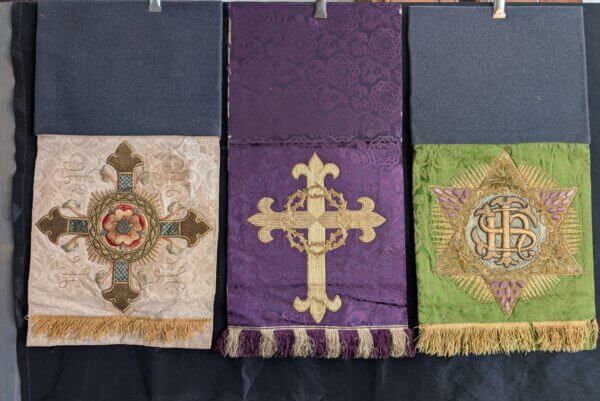 Set of Three Top End Victorian Antique Embroidered Lectern Falls