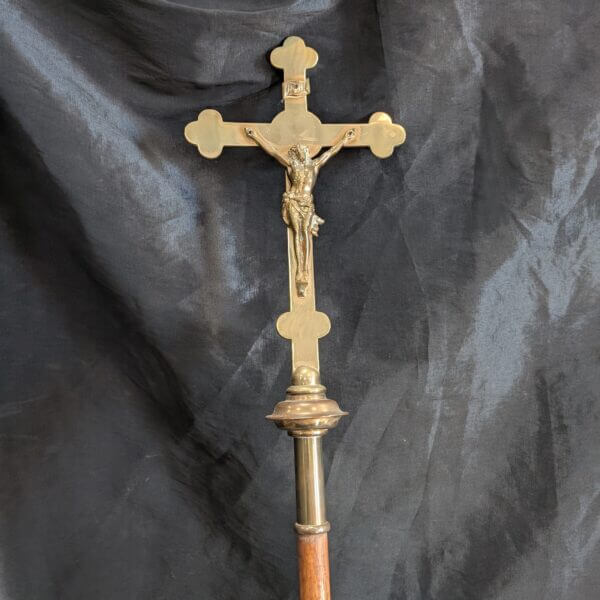Traditional Vintage Brass & Oak Processional Cross with Stand